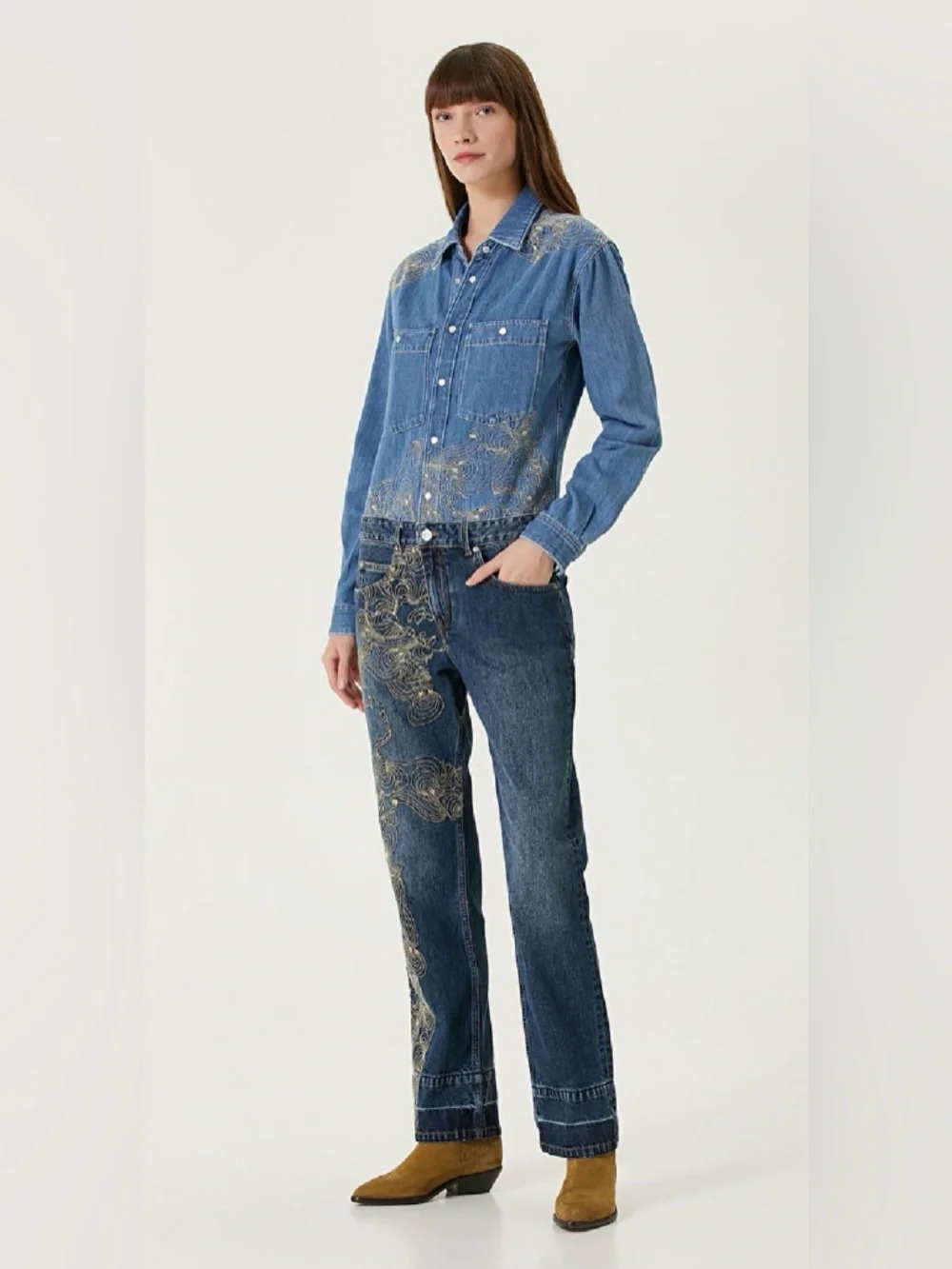 Isabel Marant Imane Embroidered Denim Jumpsuit Size FR 34 (US 2) - Picture 3 of 16